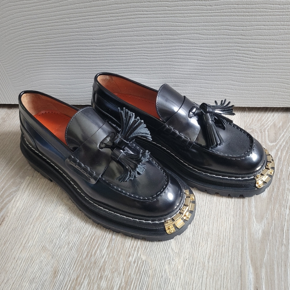 Sandro Black Leather Tassel Loafers with Gold Toe Accent